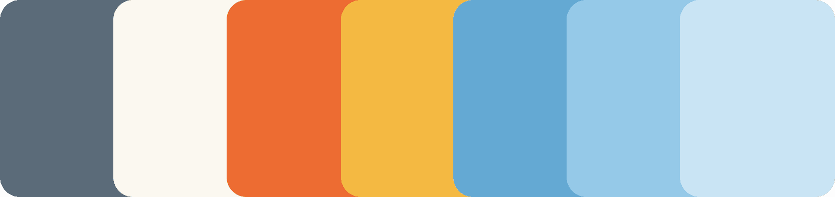 Color palette with warm oranges and yellows and bright playful blues