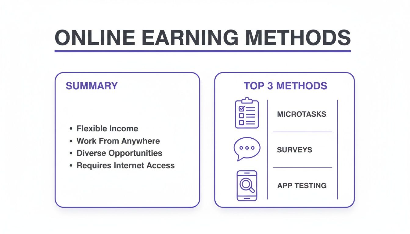 Learn about online earning methods, including flexible income, diverse opportunities, microtasks, surveys, and app testing.