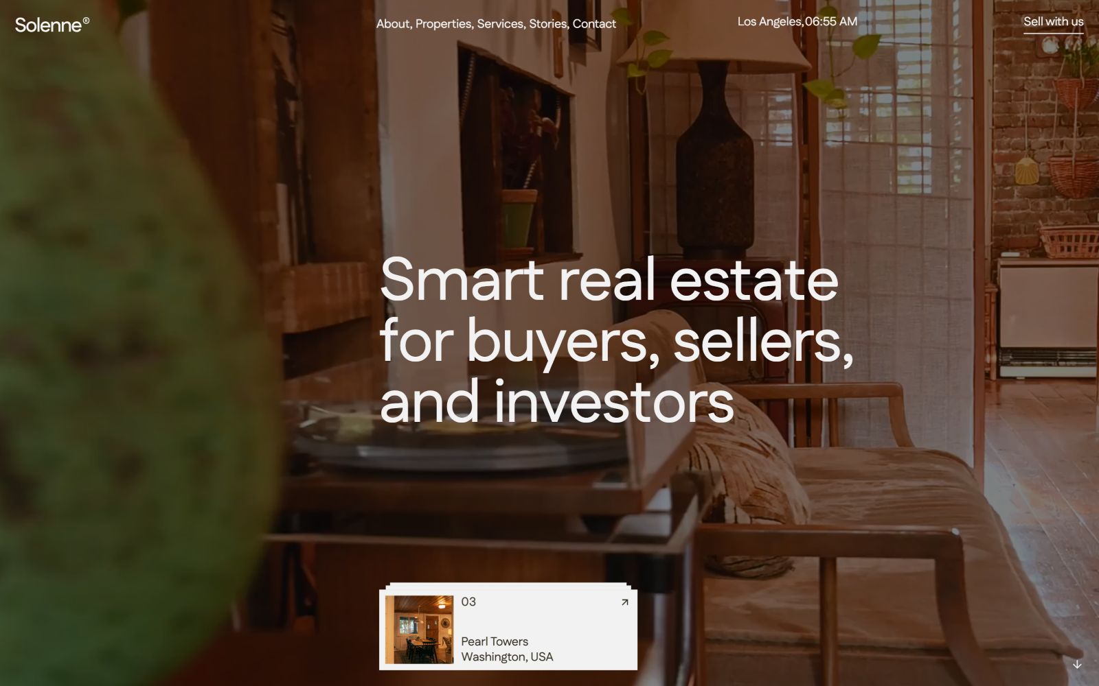 Room with turntable, wooden furniture, and green vase; text reads "Smart real estate for buyers, sellers, and investors.