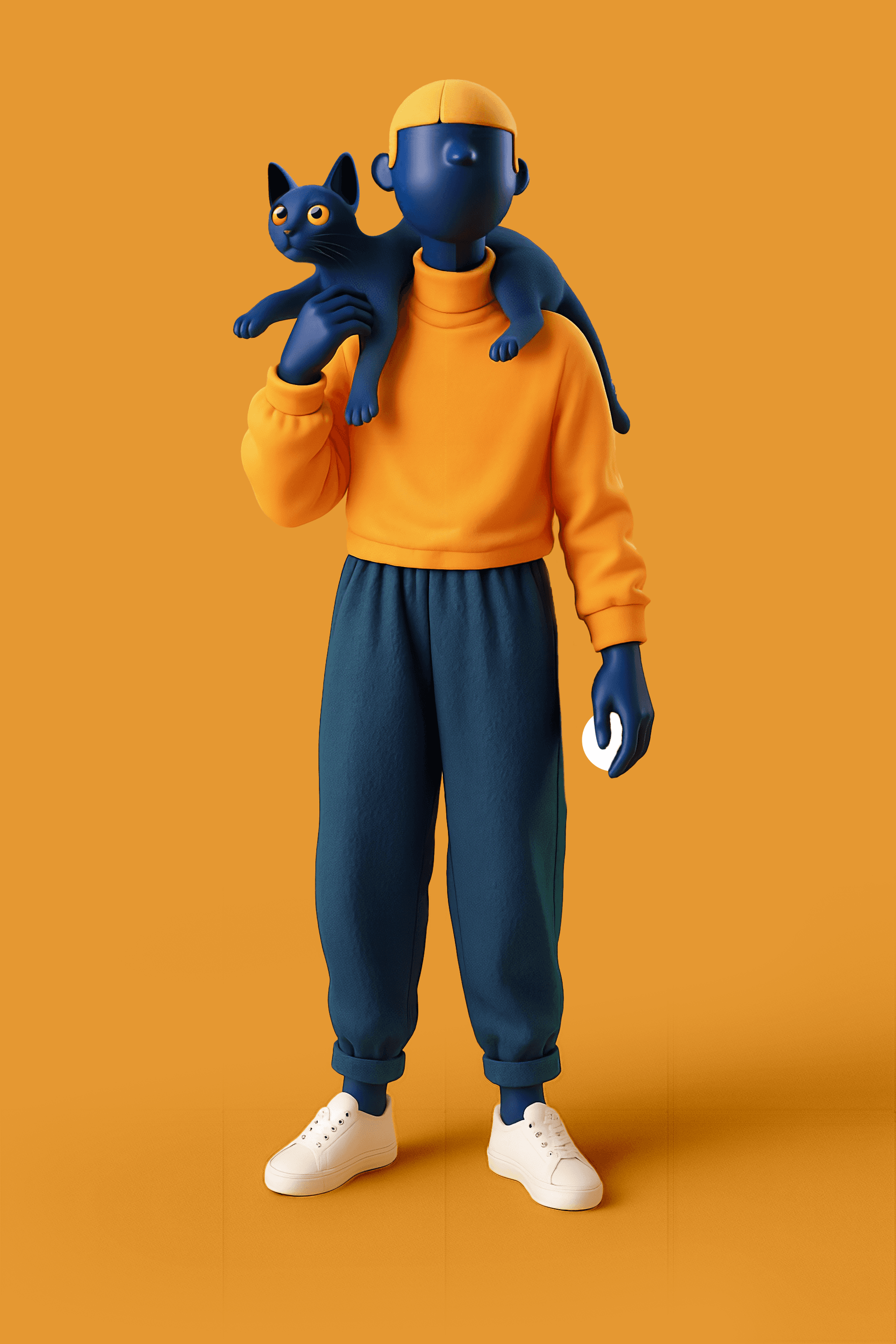 A stylized digital illustration of a blue-skinned figure wearing an orange sweater and blue pants, holding a small black cat on their shoulder and a white ball in one hand, set against an orange background.
