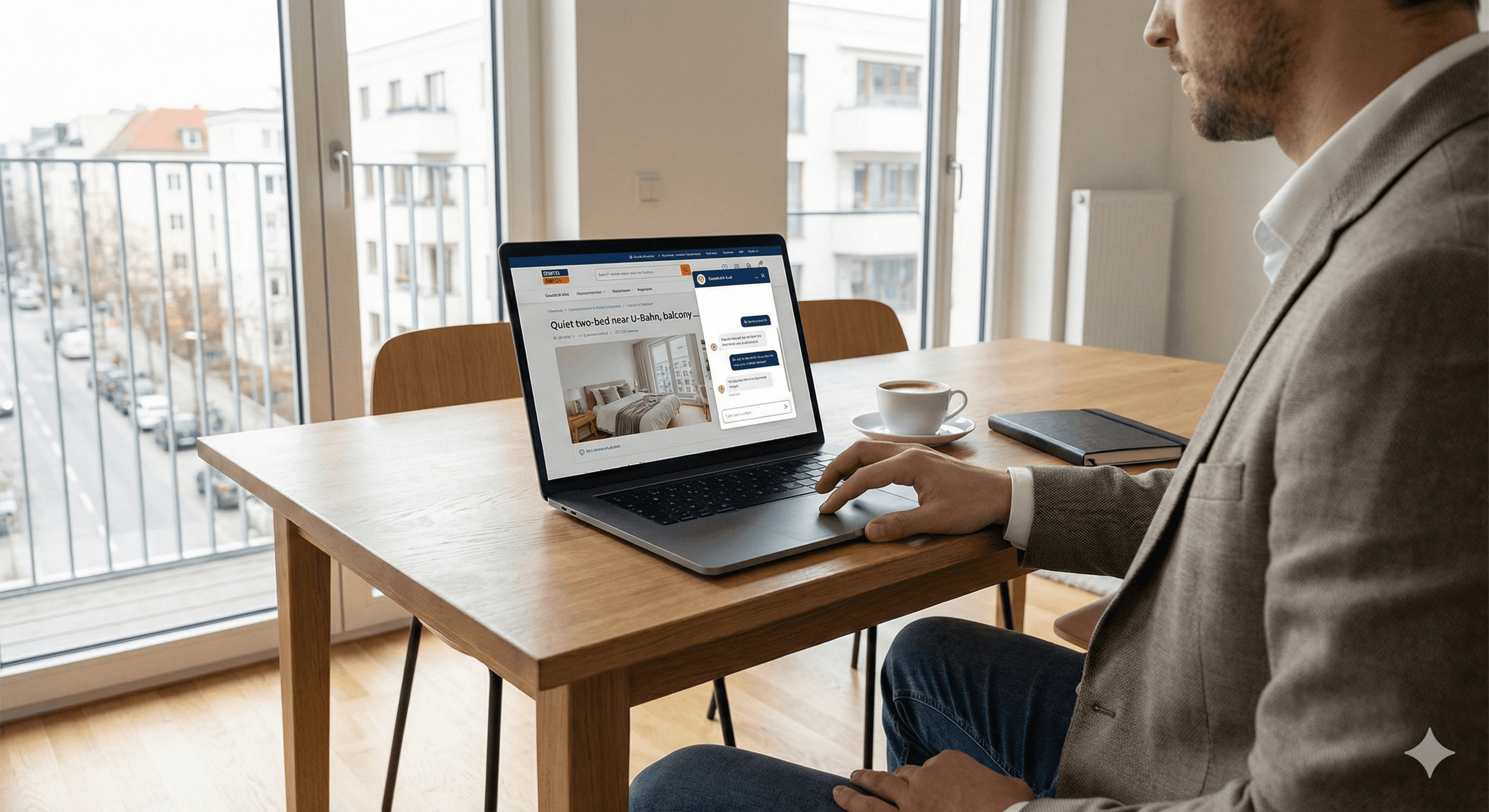 A person sits at a wooden table with a cup of coffee, using a laptop displaying a real-estate website interface, highlighting AI-driven search innovation by Scout24 against the backdrop of a bright apartment with large windows.