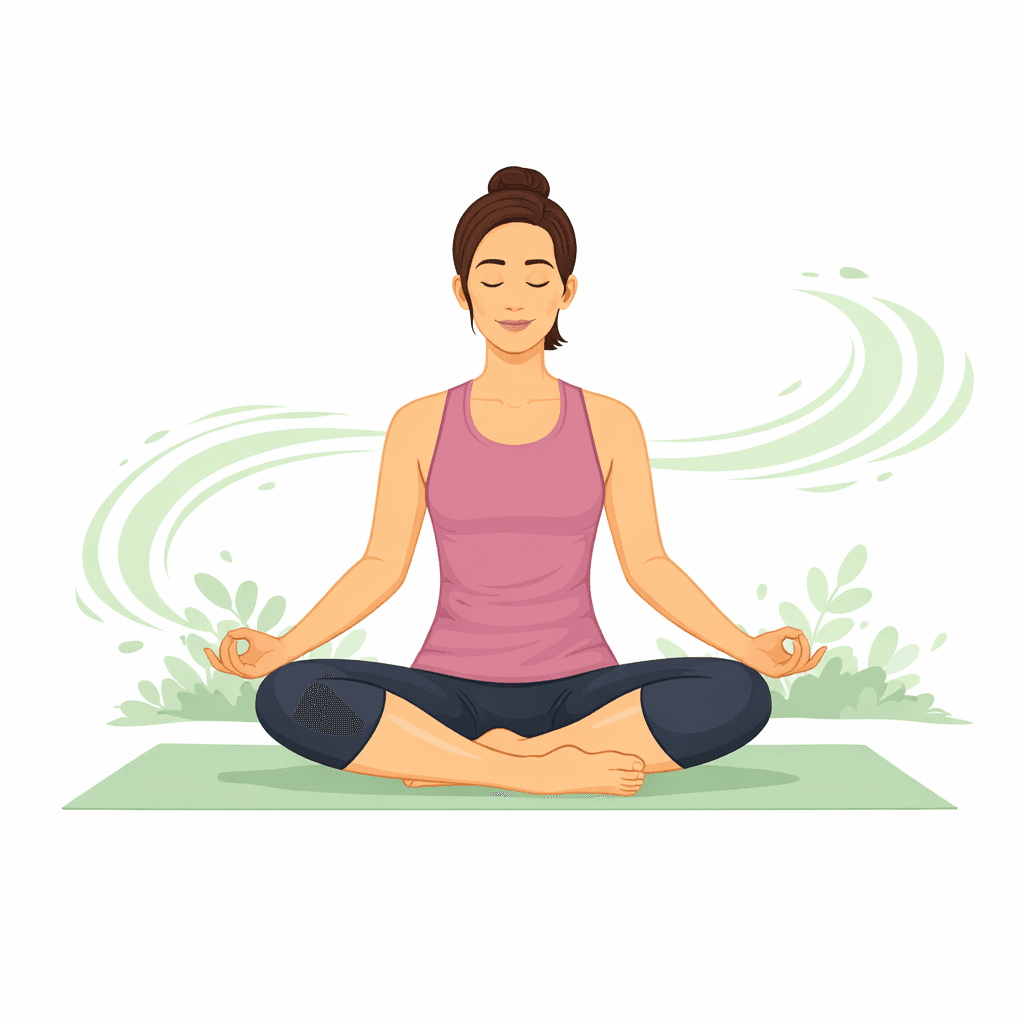 A woman in a pink top sits cross-legged in a meditative pose, surrounded by soft green swirls.