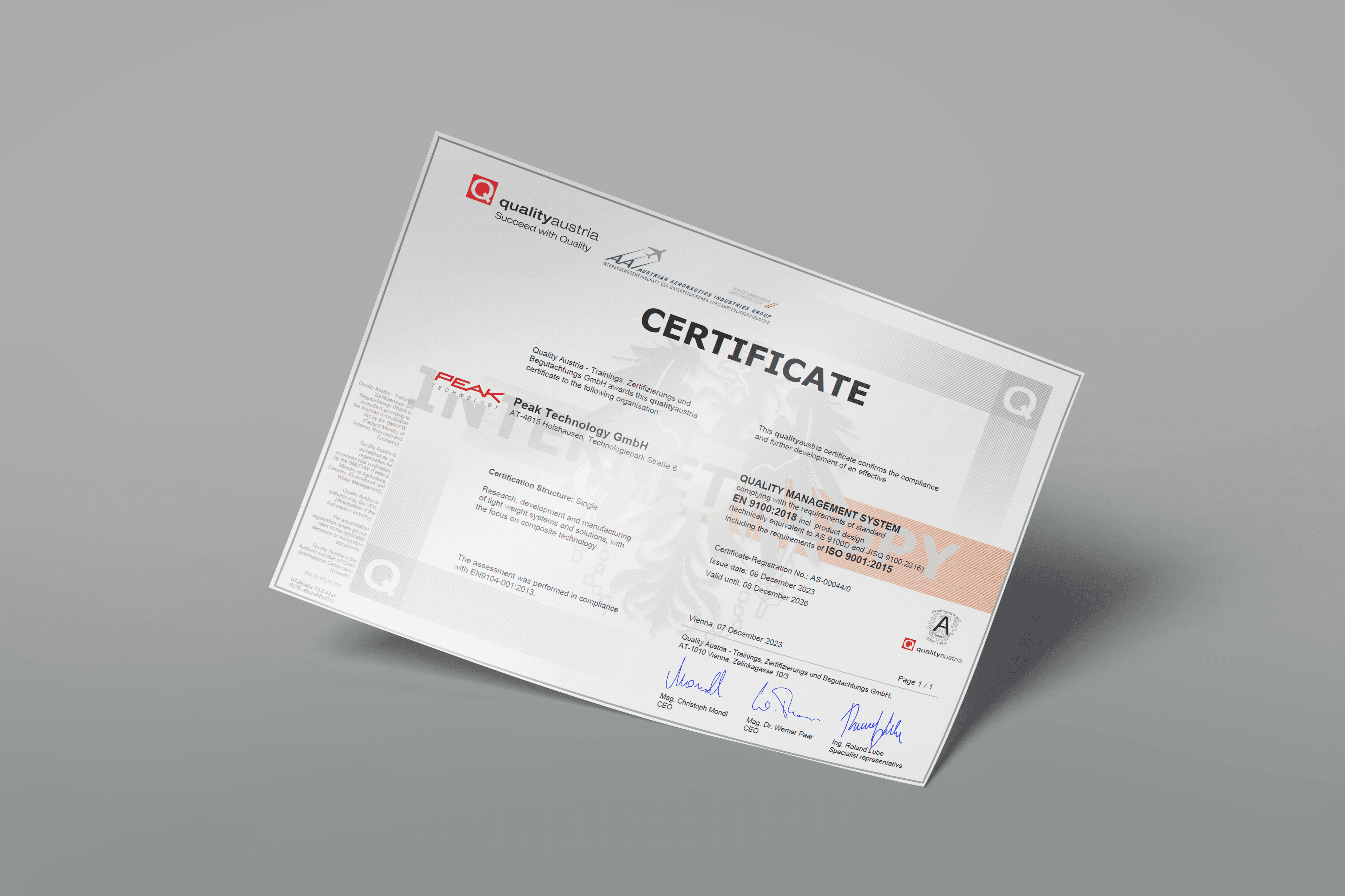 Mockup of Peak Technology's EN9100 certificate