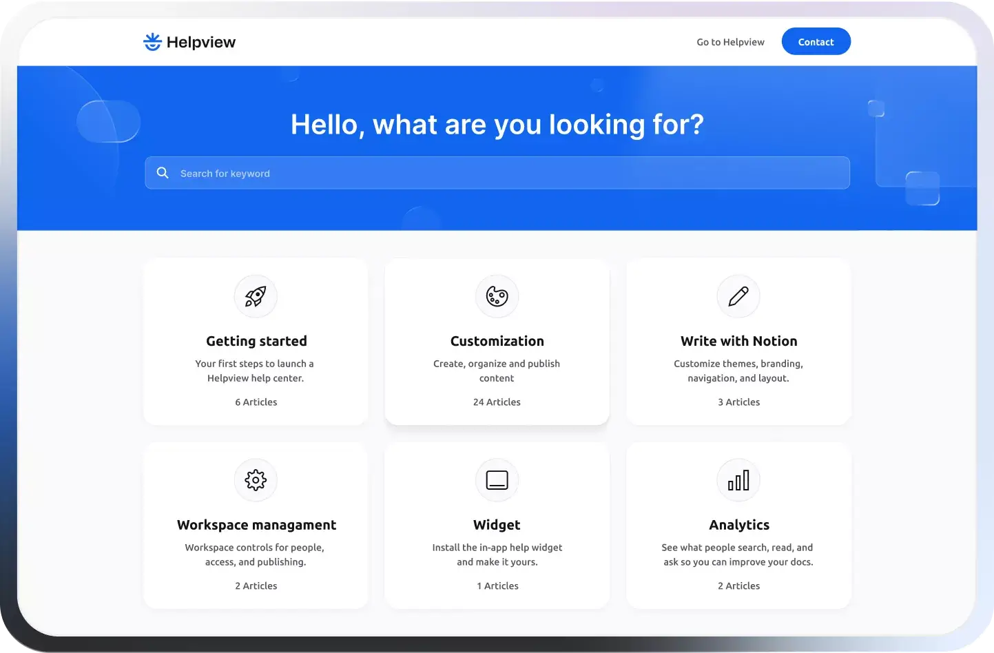 Helpview Notion based help center in light theme with searchable categories and documentation layout.