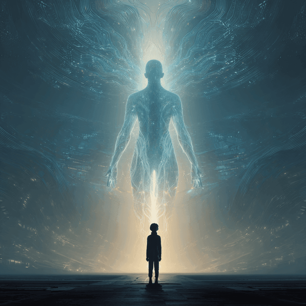 A human silhouette standing in front of a towering, semi-transparent AI figure made of flowing neural pathways and data streams. The AI mirrors the human’s posture, as if learning from them. Between them: a glowing, ethereal ribbon of text and sound waves, symbolizing a brand voice being transferred. The setting is a vast digital amphitheater or data cathedral, blending organic architecture with cutting-edge technology shimmering light, floating symbols, and subtle branding elements encoded into the walls. The moment feels reverent, powerful the human isn’t just using AI, they’re shaping it.