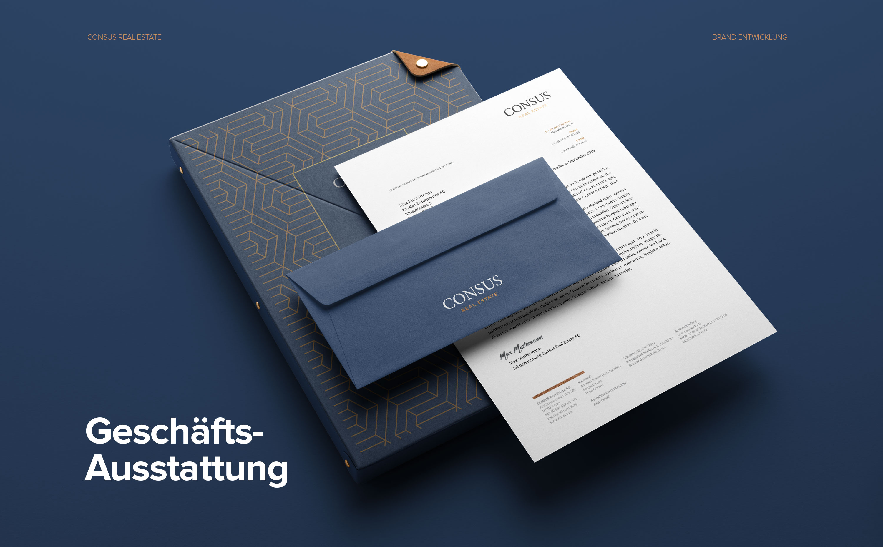 Geschäftsausstattung im Corporate Design von Consus Real Estate – Briefpapier, Visitenkarten und Templates mit präziser Typografie.
