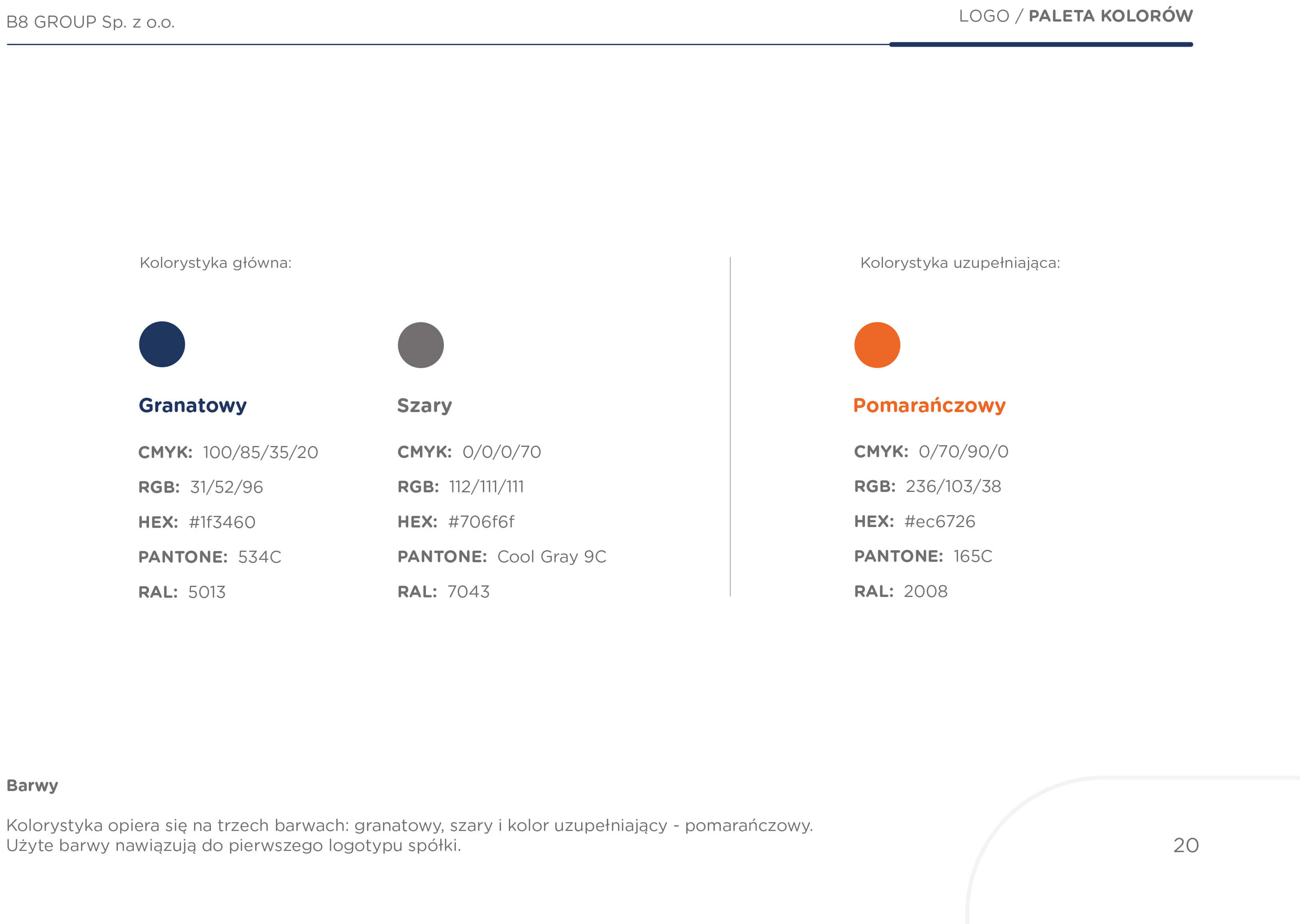 Paleta kolorów w księdze znaku B8 Group zawierająca granat oraz pomarańcz wraz z parametrami technicznymi CMYK i Pantone dla spójnego brandingu.