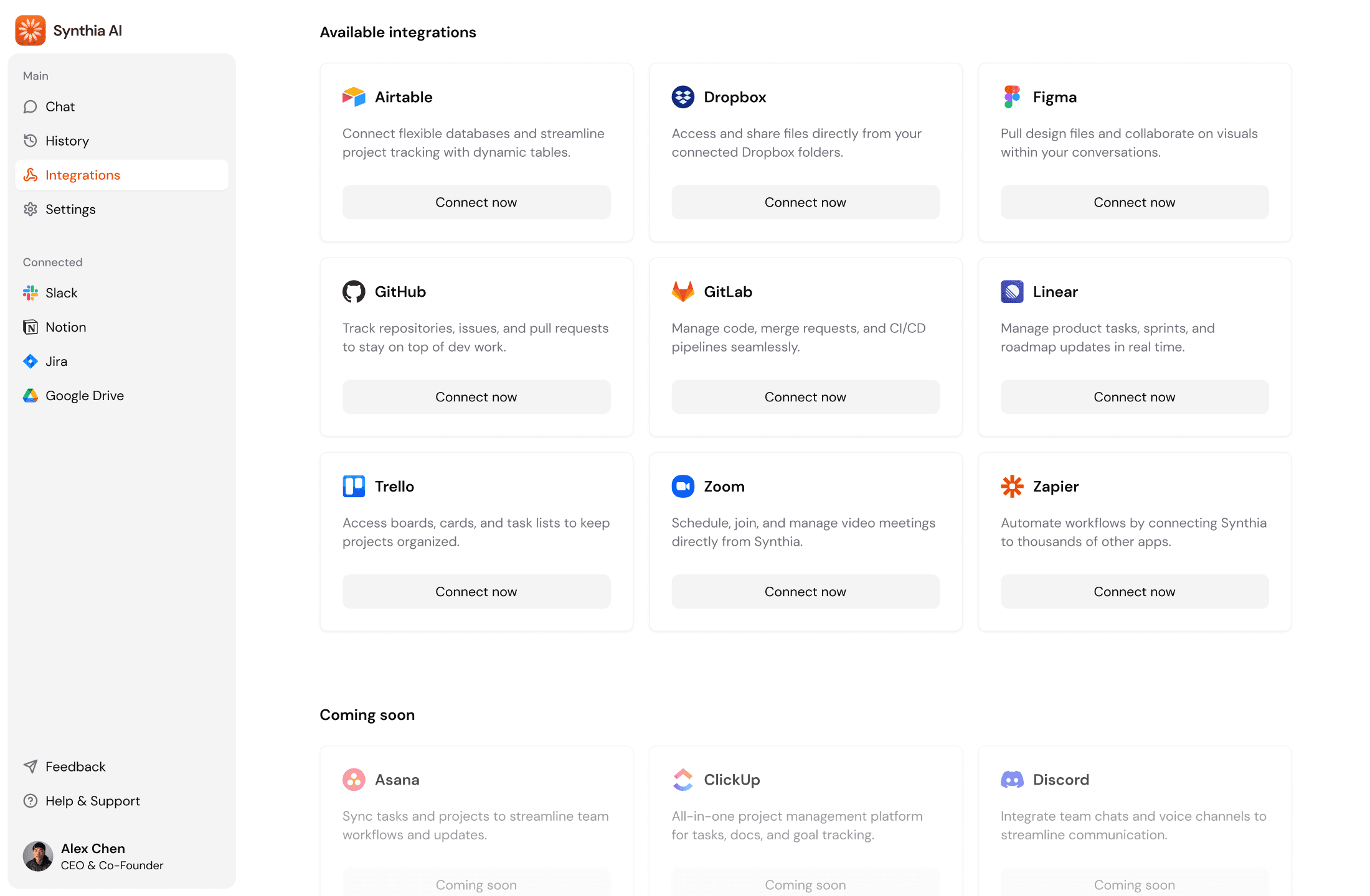 Grid of available integrations with connect buttons and “coming soon” labels