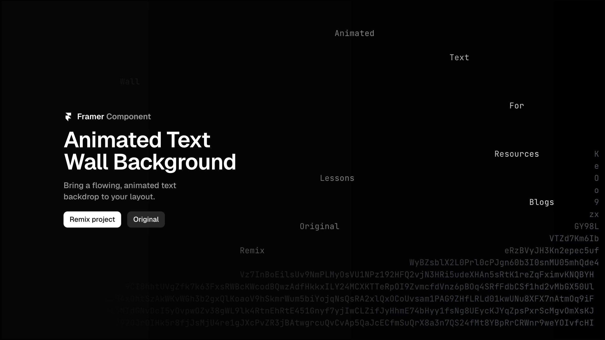 Framer animated text wall background component showcase page