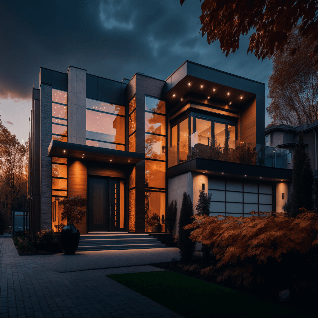 Modern contemporary home with warm interior lighting at dusk, featuring glass facades, mixed material cladding, and landscaped front yard.