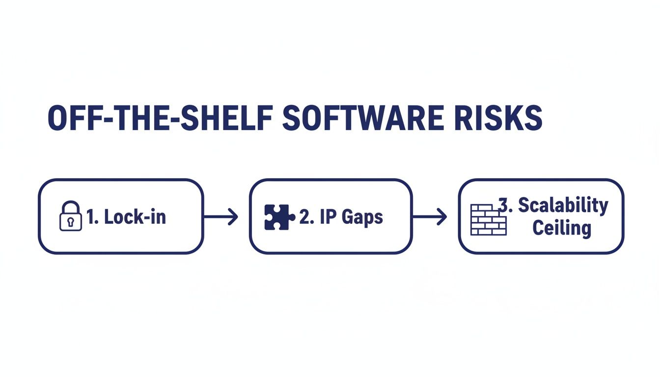 Diagram illustrating off-the-shelf software risks: lock-in, IP gaps, and scalability ceiling.