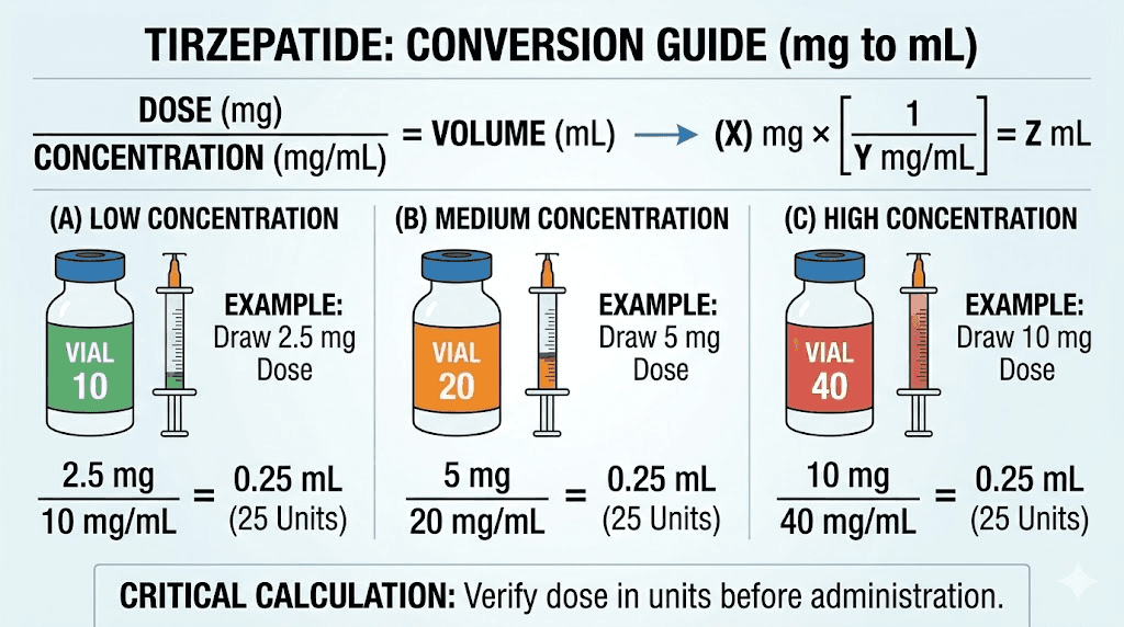 Tirzepatide mg to mL conversion formula with worked examples
