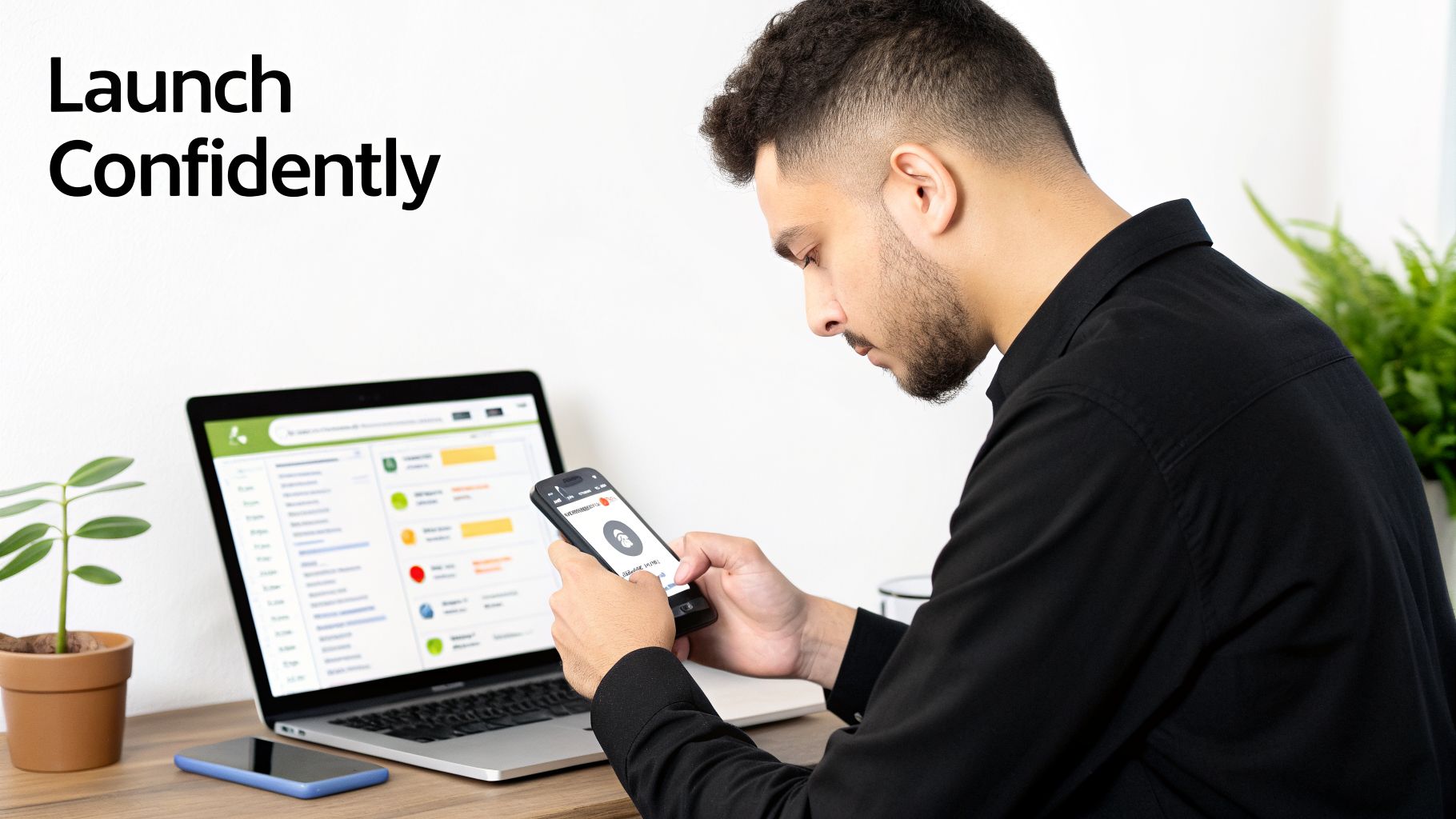 A man uses his smartphone while a laptop with a green interface sits on a wooden desk.