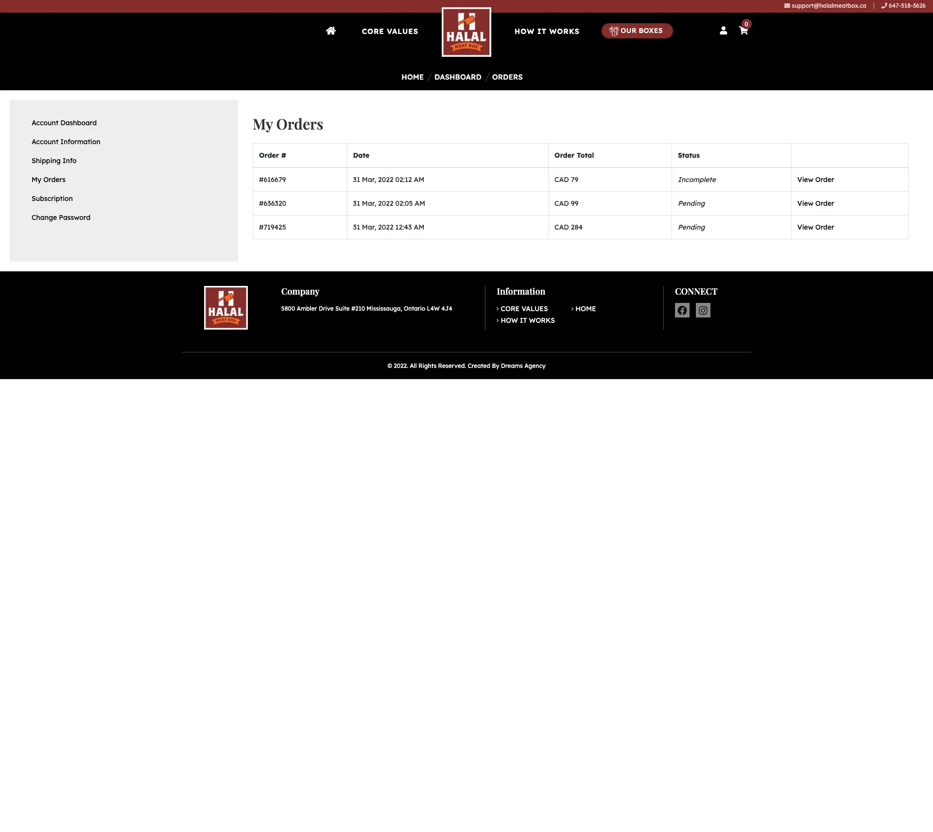orders page for halal meat box website developed & designed by Dreams Agency Mississauga, Ontario