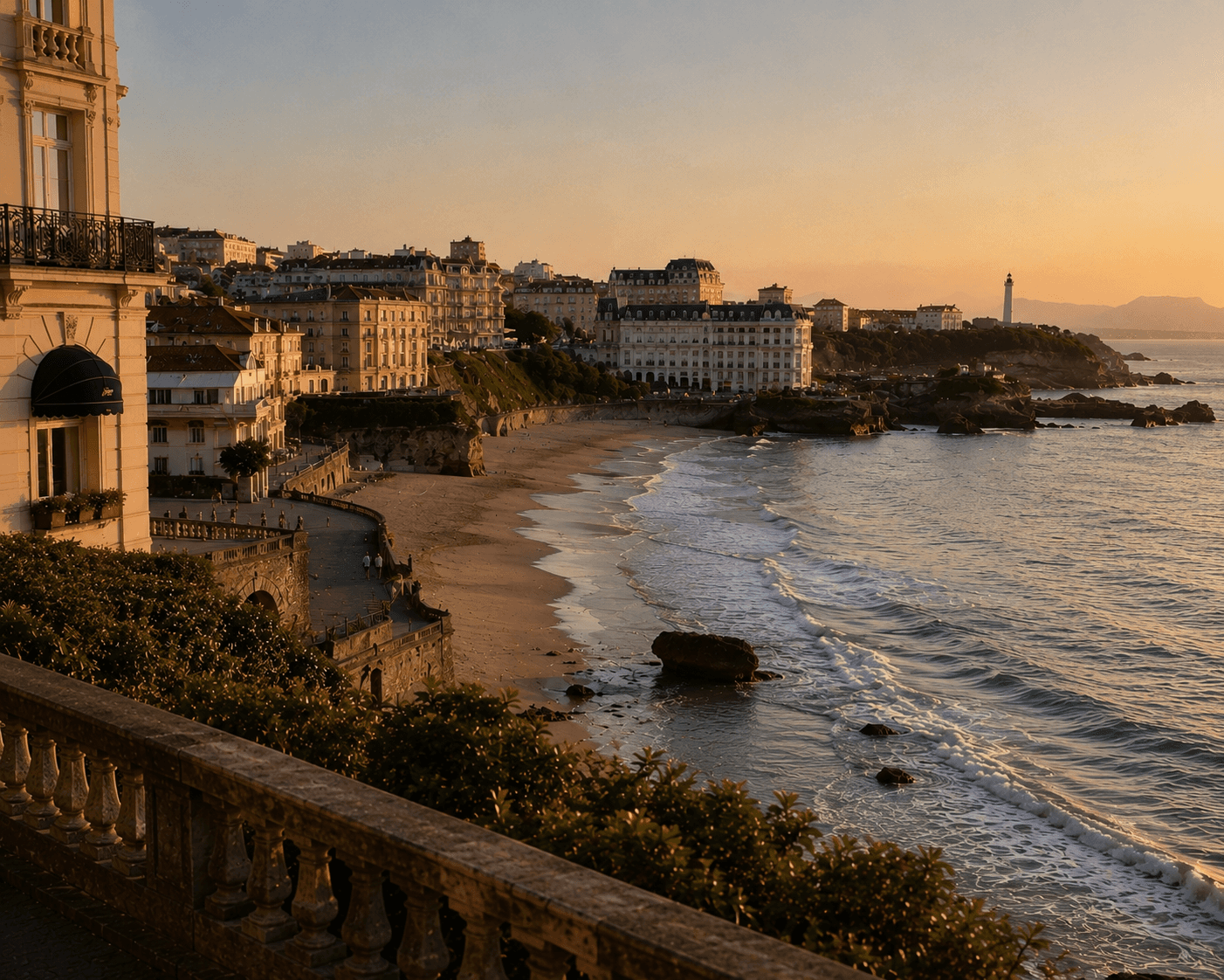 A scenic sunset view overlooking the Grande Plage in Biarritz, France, seen from an elevated stone balustrade promenade. Gentle waves lap against the sandy beach below, framed by grand Belle Époque hotel buildings along the coastline and the prominent white Biarritz Lighthouse standing on the rocky cliff point in the distance under a warm, golden sky.