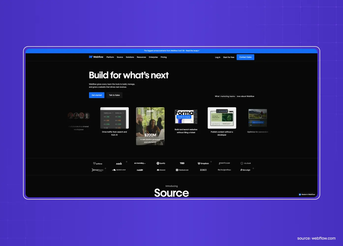 Webflow website homepage with the headline “Build for what’s next,” showcasing website and content creation examples.