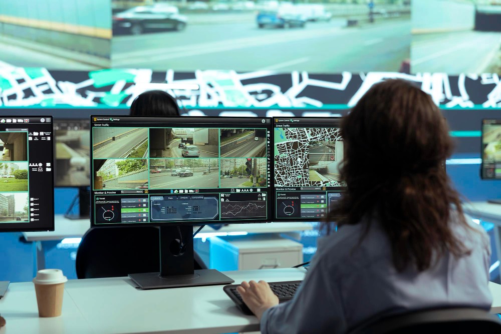 Person checking camera footage in CCTV control room