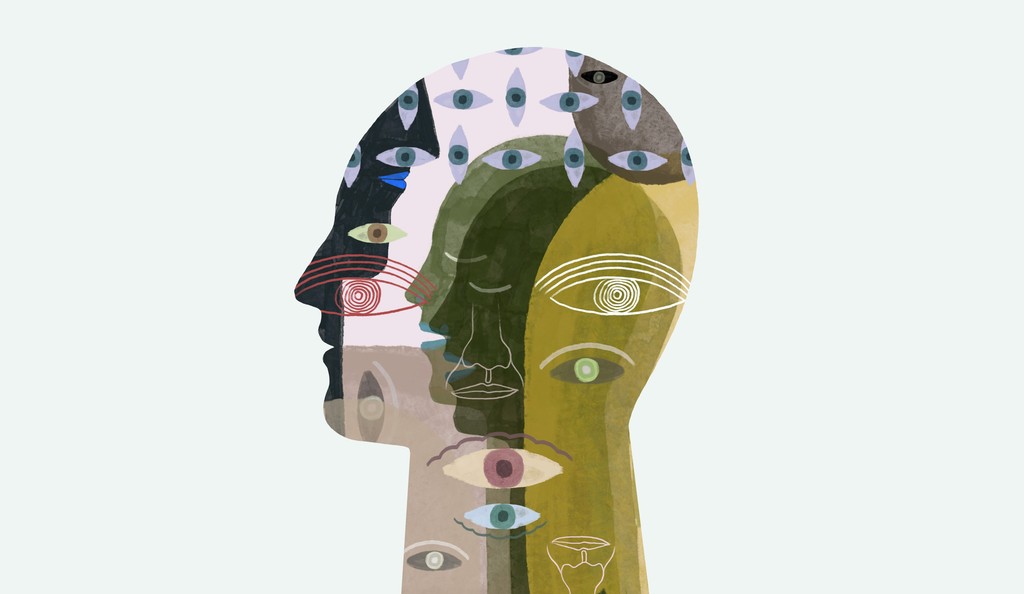 An abstract illustration of a human head filled with multiple overlapping faces and numerous eyes, representing diverse perspectives, thoughts, and perceptions, symbolizing the complexity of the human mind and consciousness.