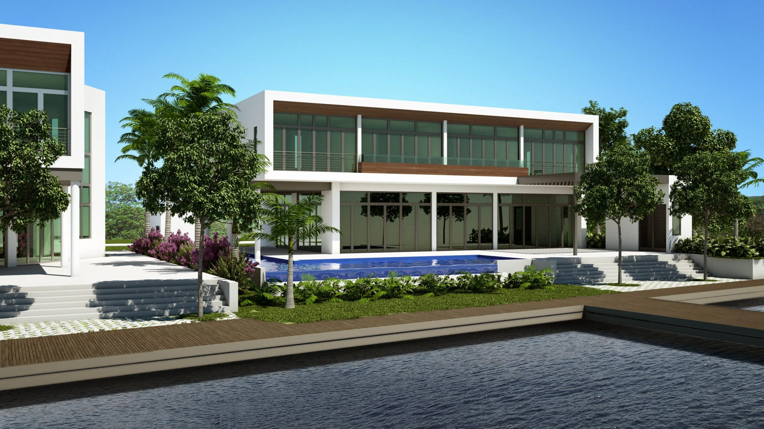 Waterfront view of modern villa with private pool and dock, Rodney Bay St. Lucia