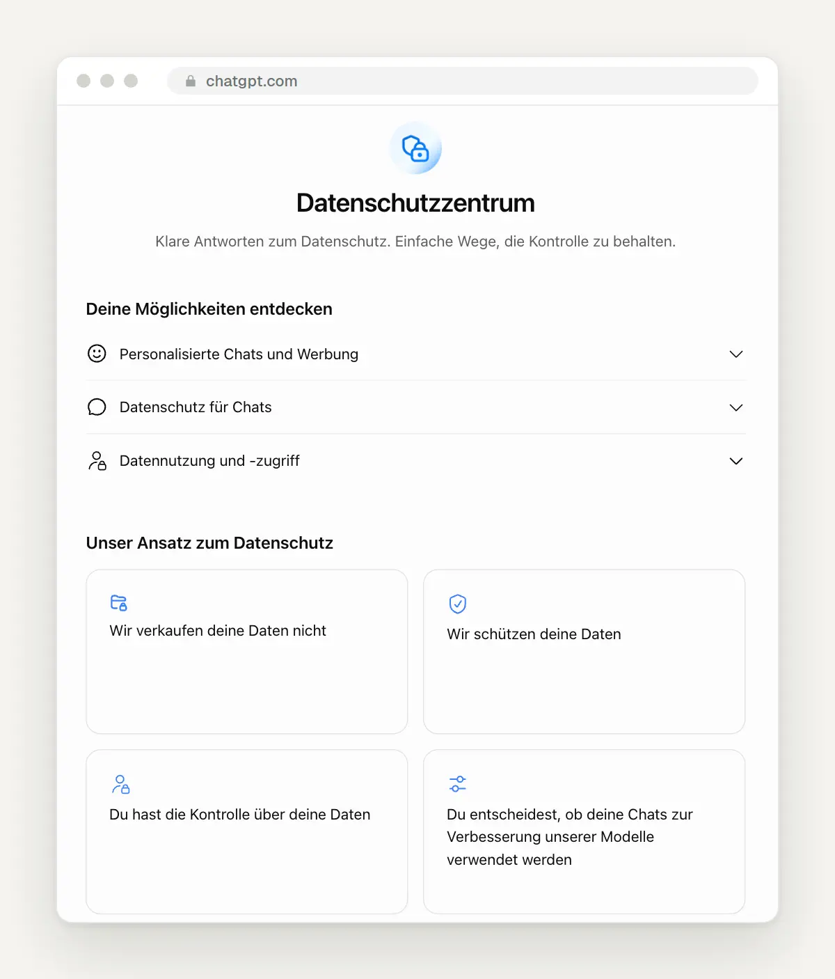 Datenschutzzentrum in ChatGPT mit Einstellungen zu Chats, Werbung und Datennutzung
