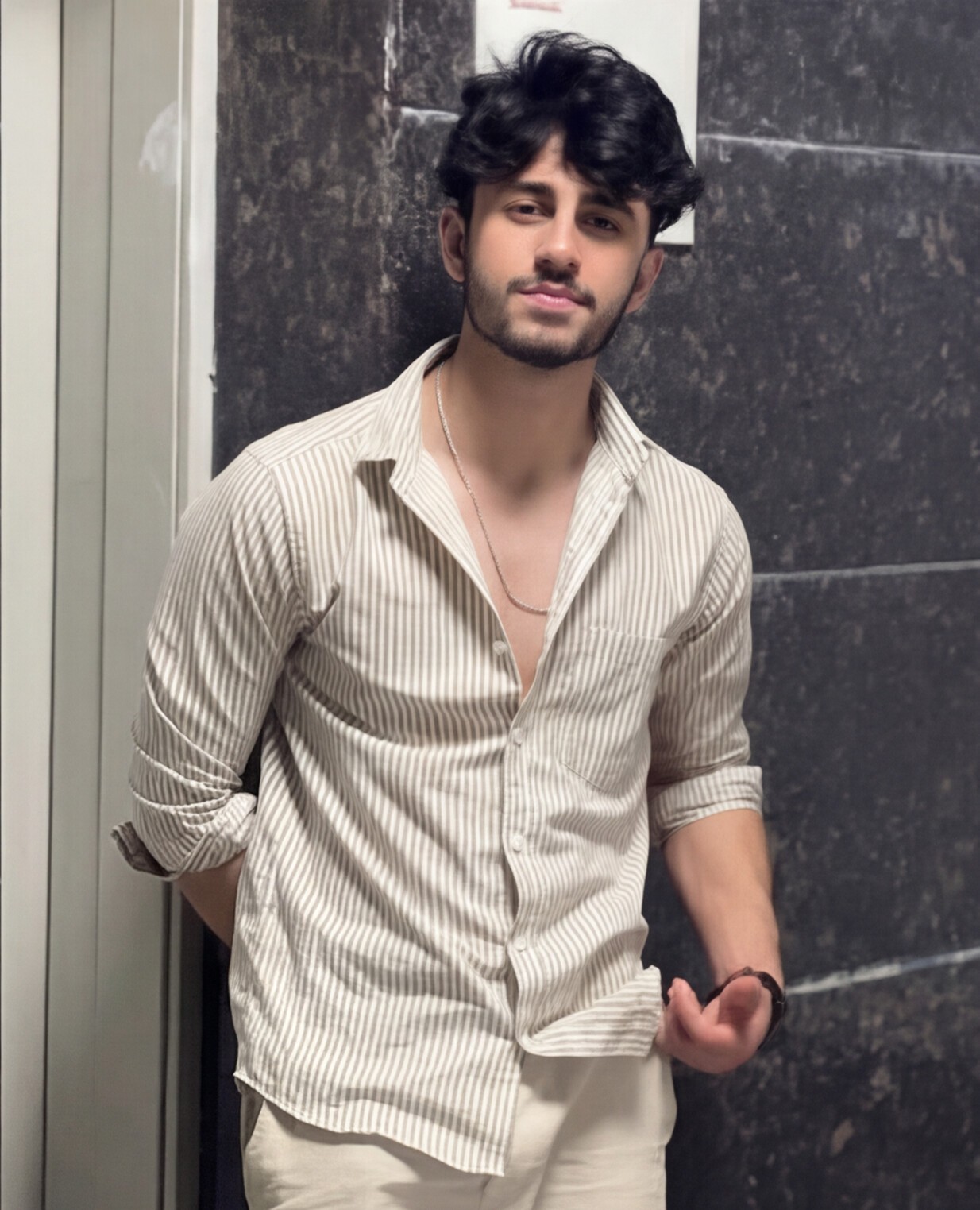 Beige Striped Shirt with Cream Trousers