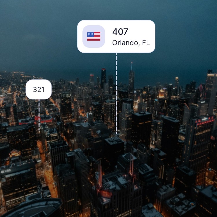 City skyline of Orlando showing the 407 area code and surrounding area codes