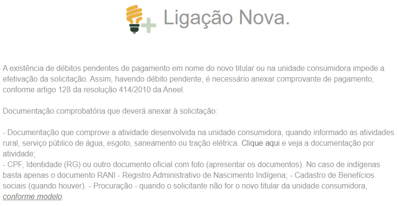 documentação necessária para solicitar ligação nova pelo cemig atende