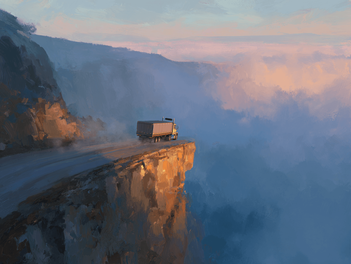 A digital painting shows a large truck perched precariously at the edge of a steep cliff, surrounded by mist and mountains bathed in soft morning light. The scene evokes tension and isolation, contrasting the fragile balance of the truck with the vast, hazy expanse below.
