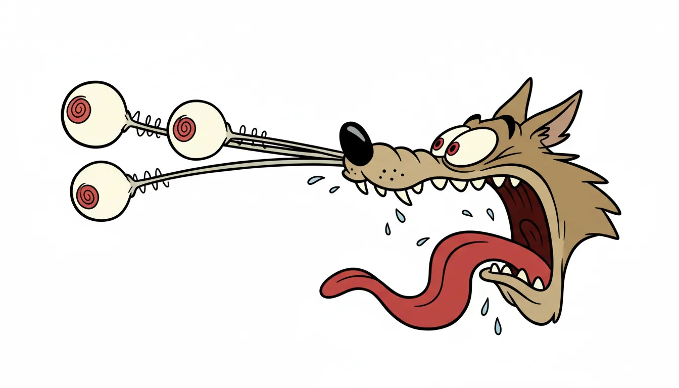 A cartoon wolf in the classic 2D animation style of Tex Avery, captured in an extreme wild take. The wolf's head is in profile, stretched horizontally in a dynamic pose. Its eyes are bugging out on long, thin stalks, and its jaw is dropped wide open with a red tongue lolling out. Bold black outlines, flat color palette of tan and brown. Isolated character on a plain white background.