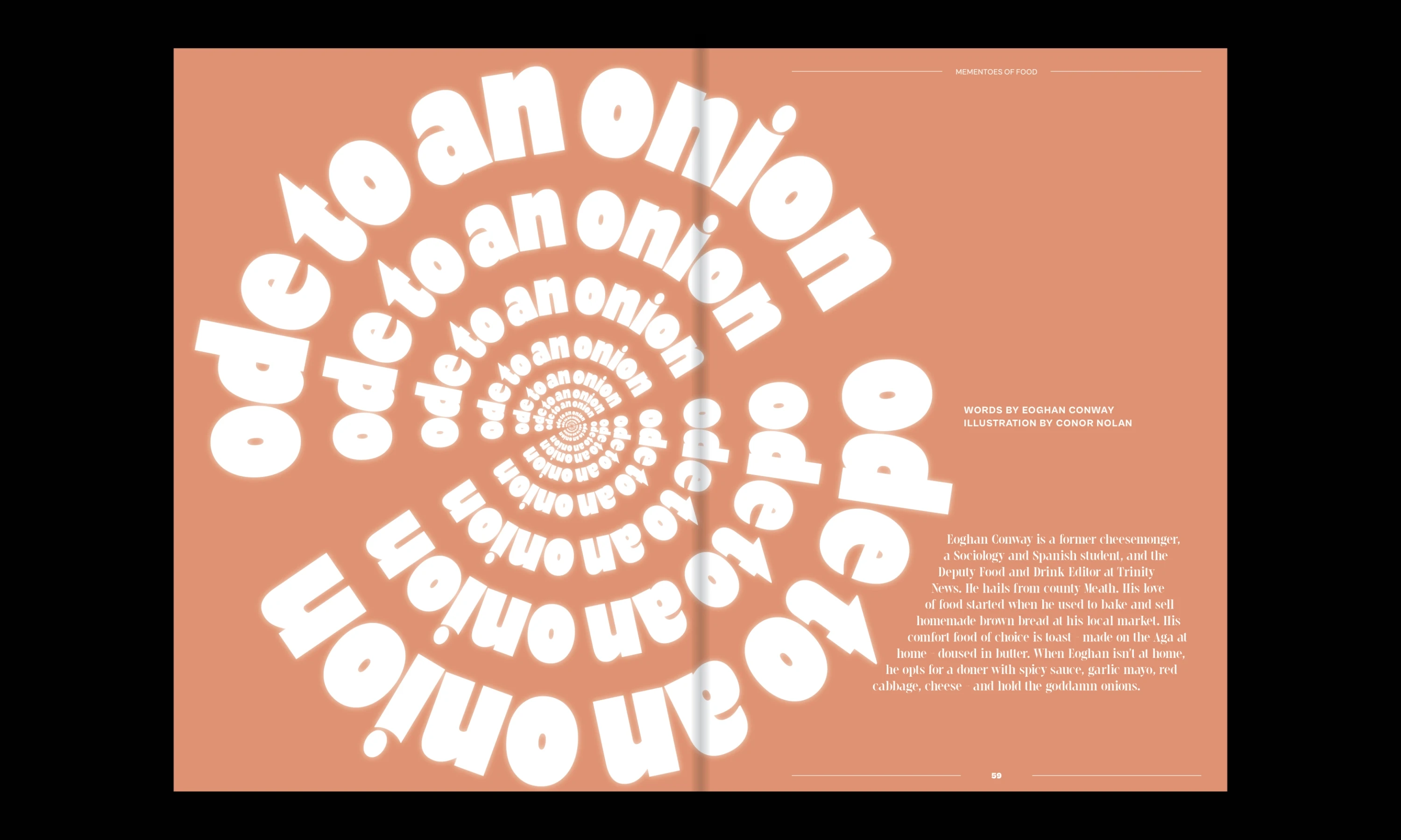 Title page with text ode to an onion in concentric circles coming from a point