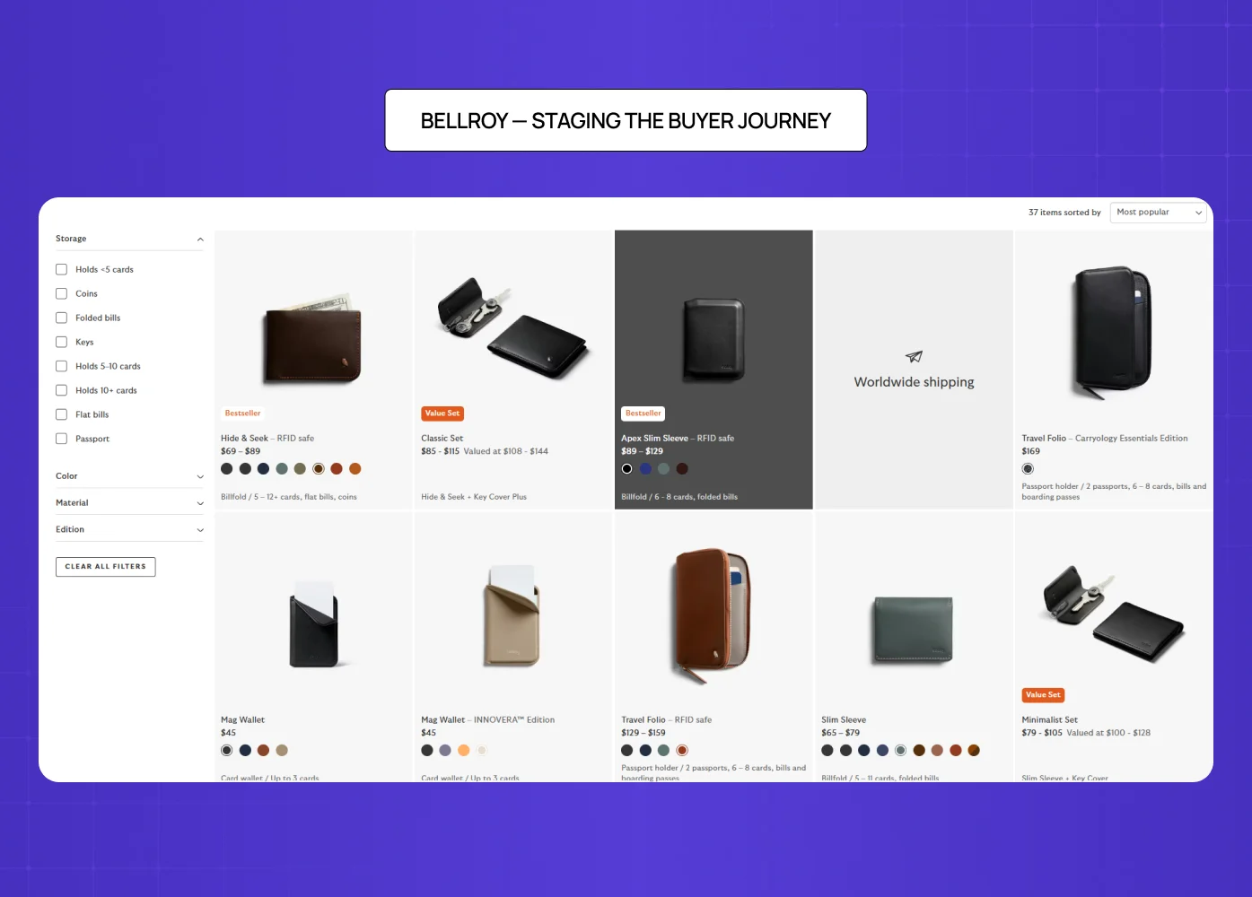 Bellroy ecommerce page displaying wallet products with filters, pricing, variants, and structured browsing layout. 