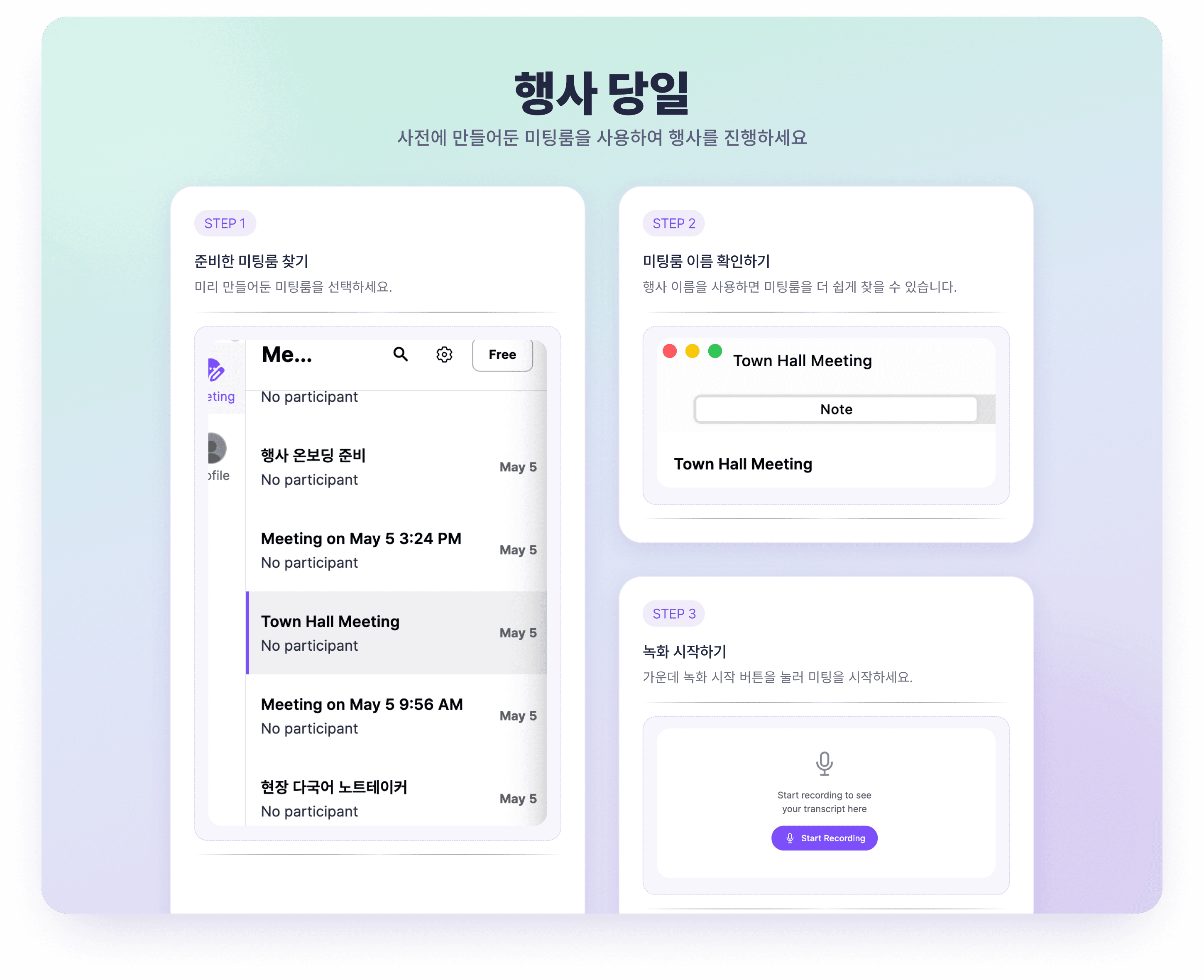 이미지 4 — 행사 당일: 3단계 인포그래픽 ((1) 준비된 미팅룸 찾기, (2) 미팅룸 이름 확인, (3) 녹음 시작)