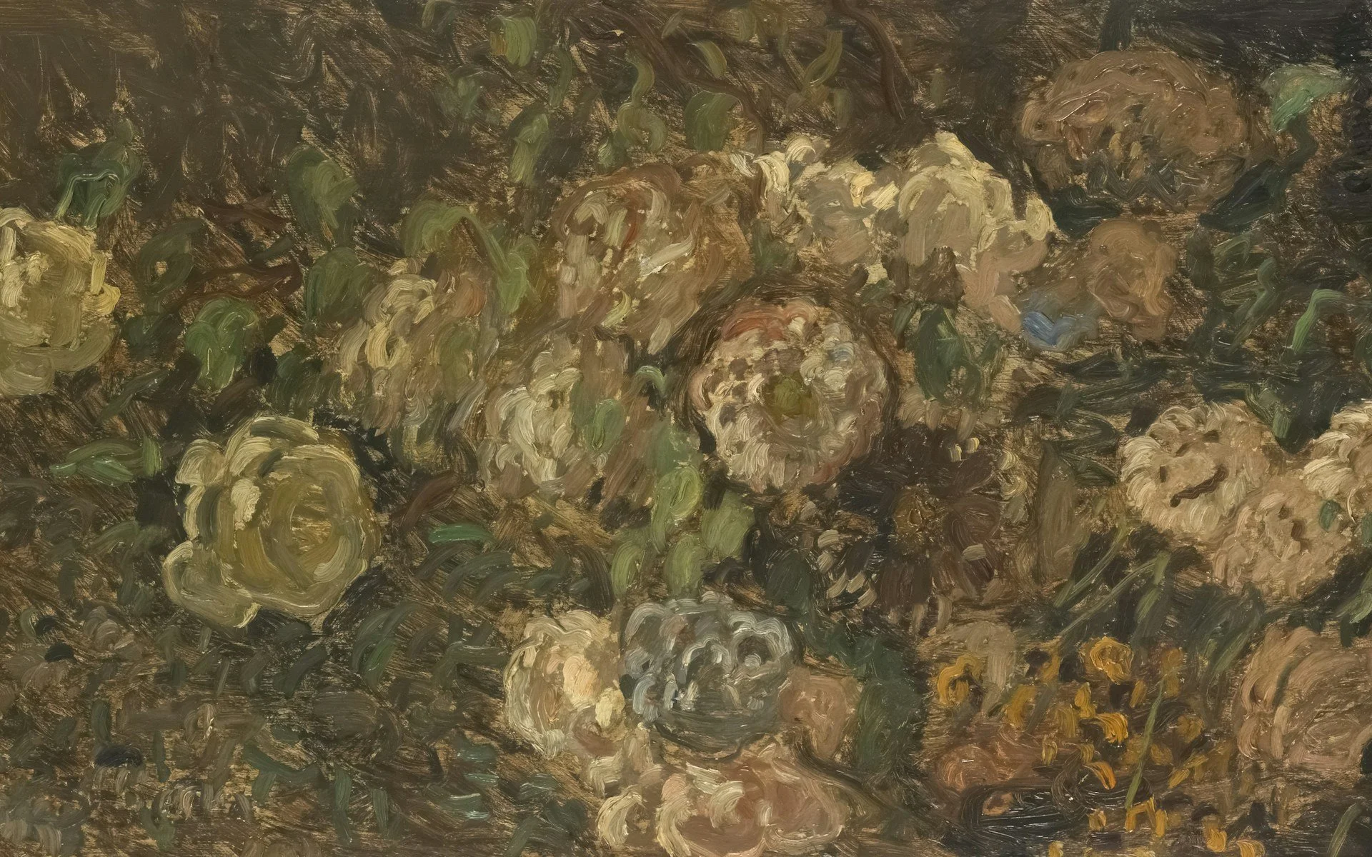 Textured oil painting of a cluster of flowers in muted brown, beige, and green tones with thick brushstrokes.