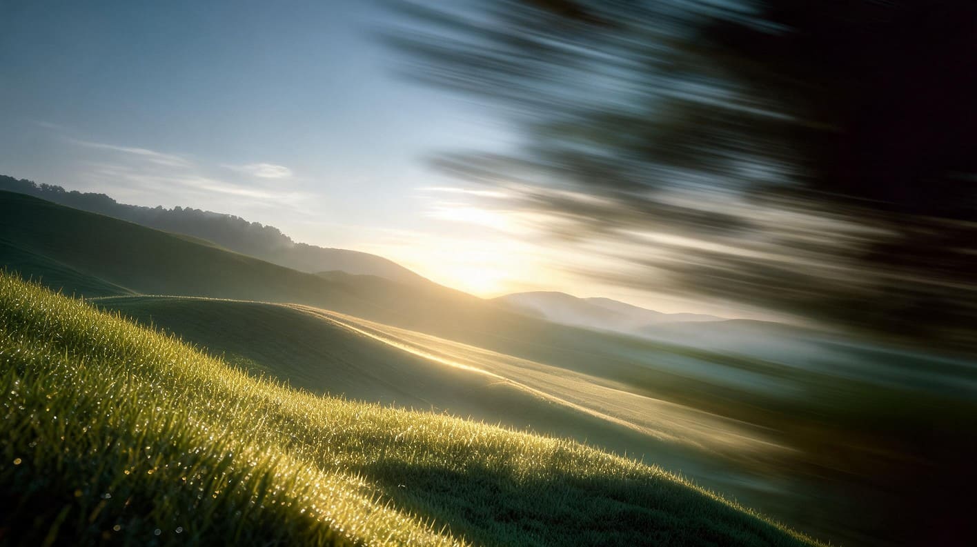 A rolling green field with morning dew, viewed with a motion blur effect as the sun rises over distant misty hills.