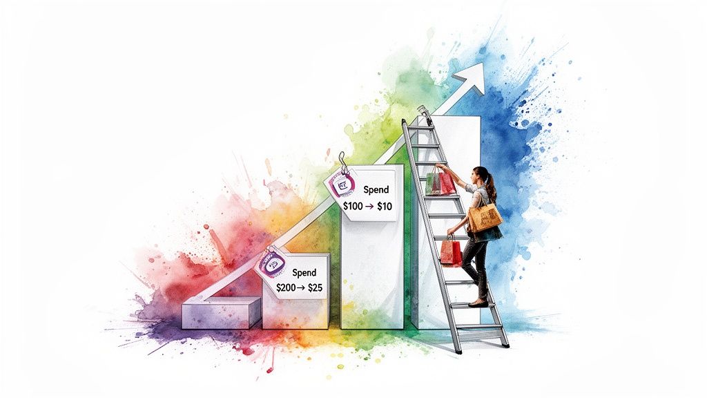 Woman climbing ladder with shopping bags, illustrating spending savings and business growth.