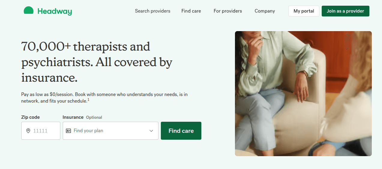Headway homepage showing its therapist and psychiatrist booking platform