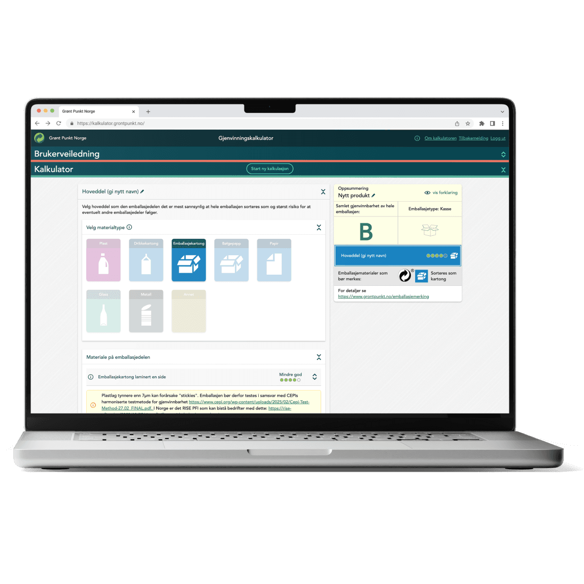 Recycling calculator dashboard showing packaging evaluation and sustainability scoring metrics
