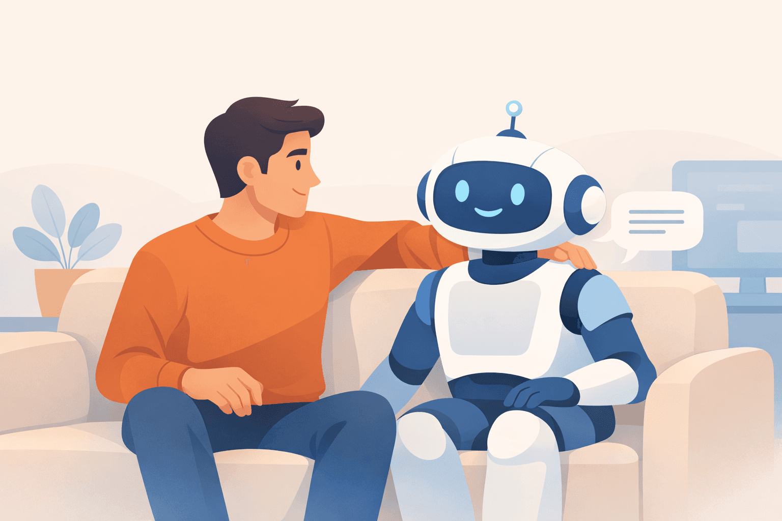 Flat SaaS-style illustration of a professional chatting with a friendly AI robot on a couch in a modern workspace, representing AI chatbots in eLearning and workplace training support.