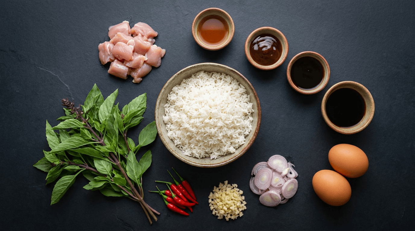 Flat lay of Thai basil fried rice recipe ingredients on dark countertop