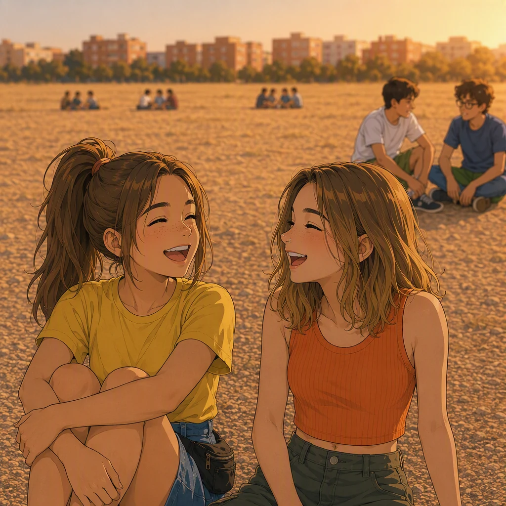 Amaia y Yaiza sentadas en el suelo, un poco apartadas del grupo, riéndose las dos con los ojos cerrados. Al fondo, Arnau y Pol charlan.