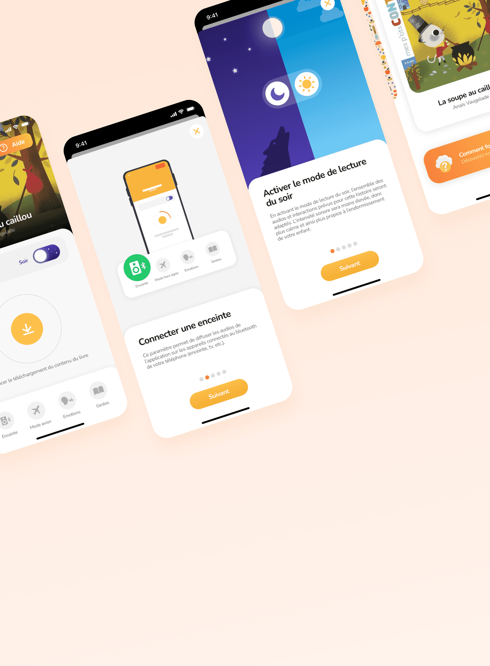 Quatre écrans de l'application mobile Poétie montrant des options telles que le téléchargement de contenu, la connexion d’une enceinte, l’activation du mode de lecture du soir et une interface de lecture d’un livre pour enfants. 