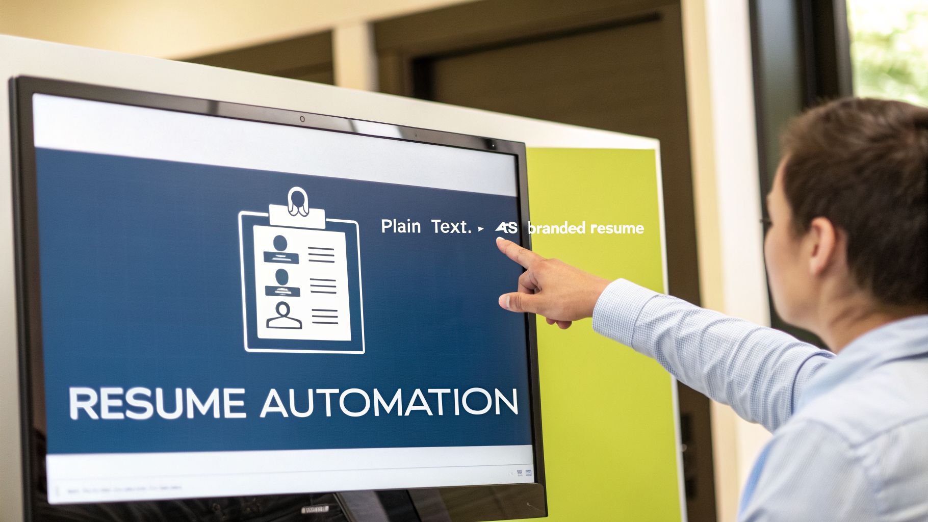A person points at a computer screen displaying 'Resume Automation' and options for plain text or branded resumes.