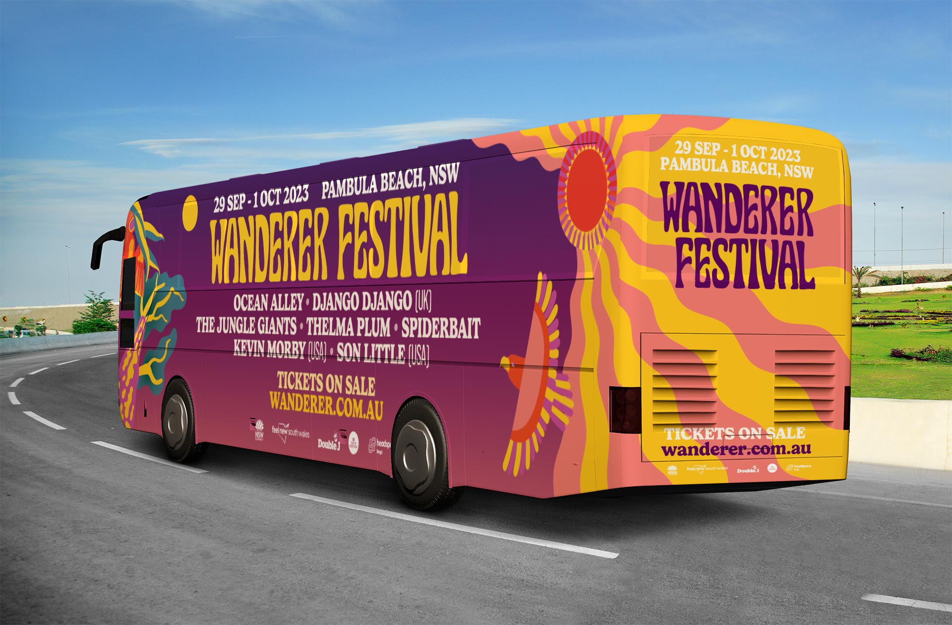 Wanderer Festival bus decal design with illustration with brand typography and palette.