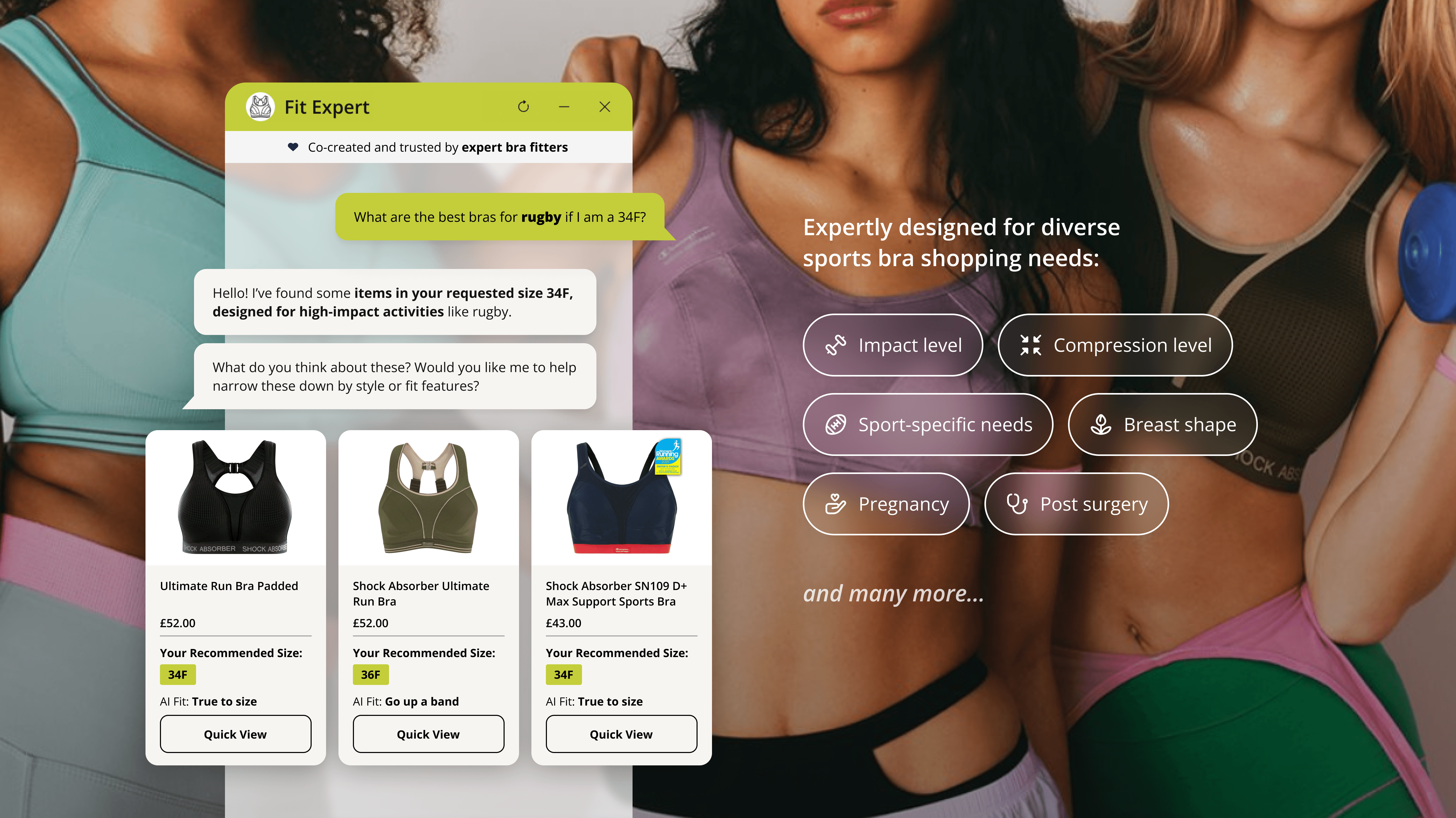 Brarista's chatbot on the Shock Absorber site, answering an activity-specific fit question for a 34F
