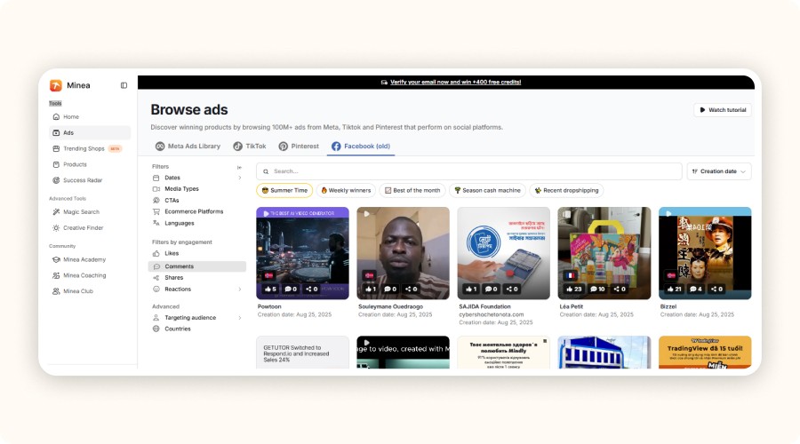 Minea browse ad interface 