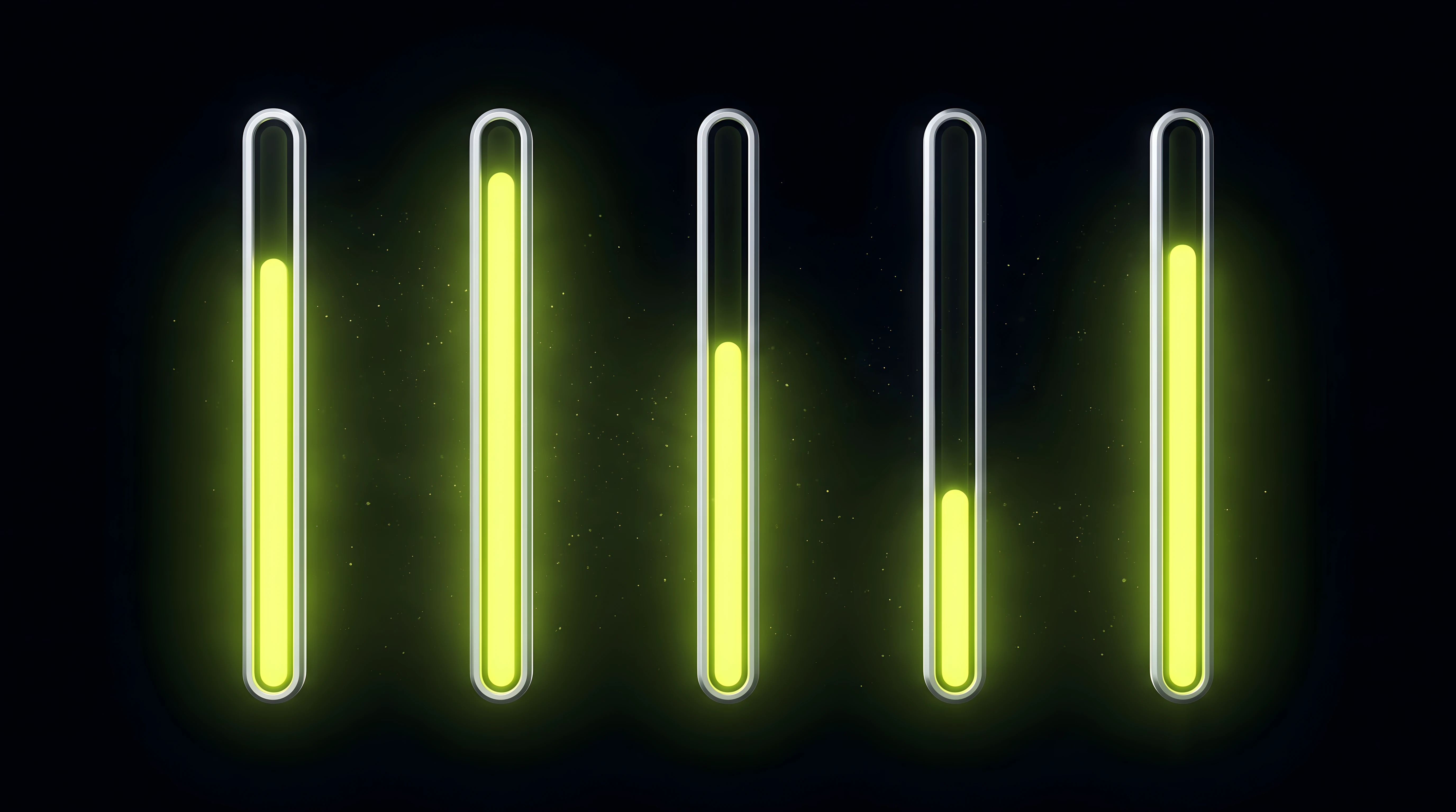 Five glowing toxic lime gauges in a row over deep void black, each filled to a different level, reading as a sonic test scorecard for recall, attribution, context, distinctiveness and restraint.
