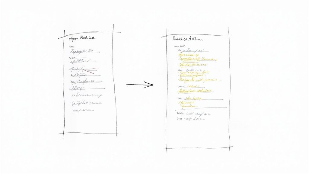 Handwritten notes showing a process from 'Before Need Use' items to 'For Next Action' tasks.
