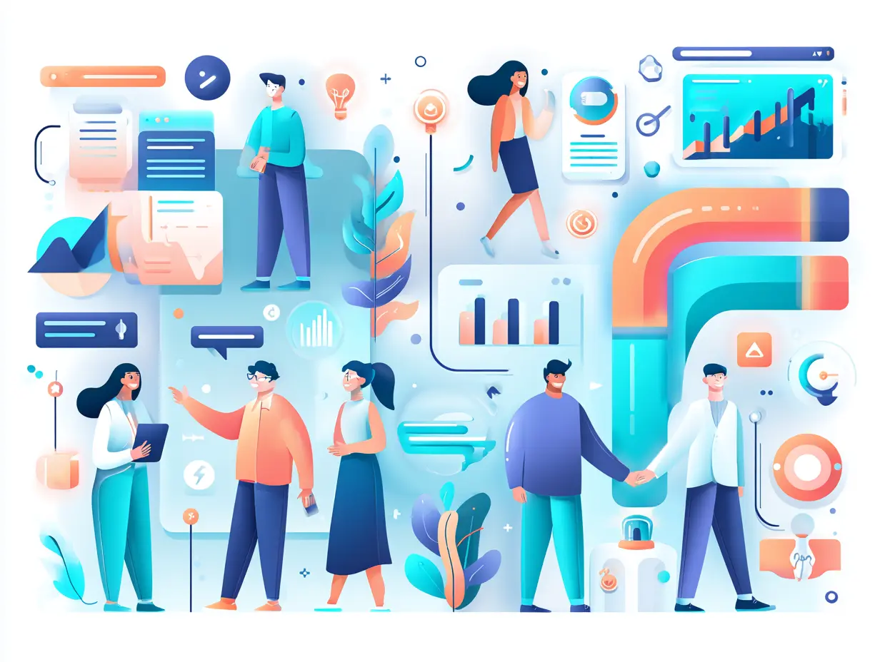Stylized illustration of business professionals and analysts collaborating amid floating data charts, graphs, and icons, representing teamwork and modern digital project management.