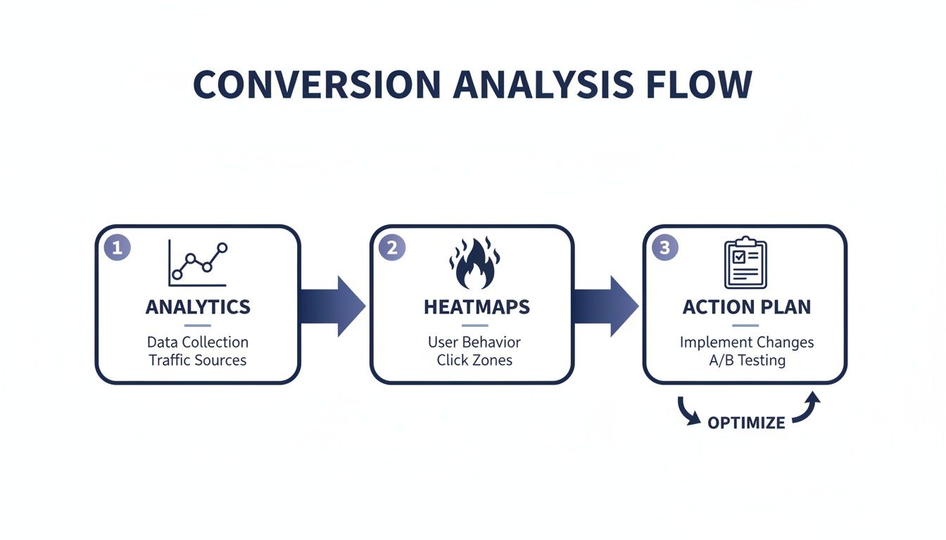 Conversion analysis flowchart detailing analytics, heatmaps, action plan, and continuous optimization steps.
