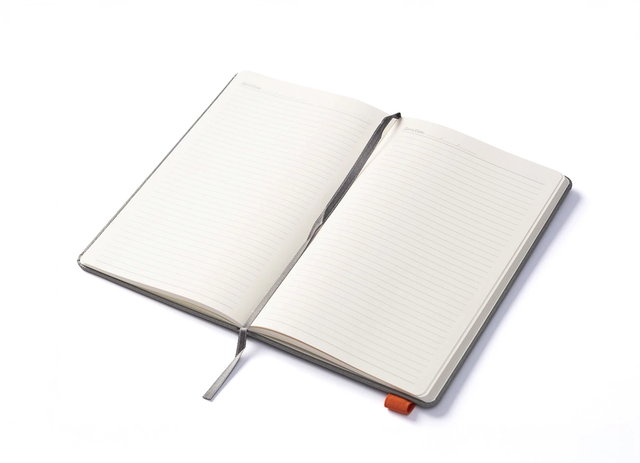 Open notebook displaying lined pages, date header, and grey ribbon.